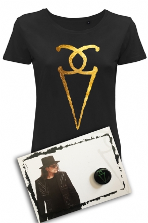 T-SHIRT DONNA LOGO ORO + CARTOLINA + PINS