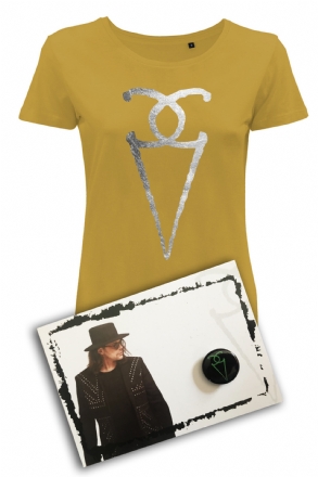 T-SHIRT DONNA SENAPE LOGO ARGENTO + CARTOLINA + PINS